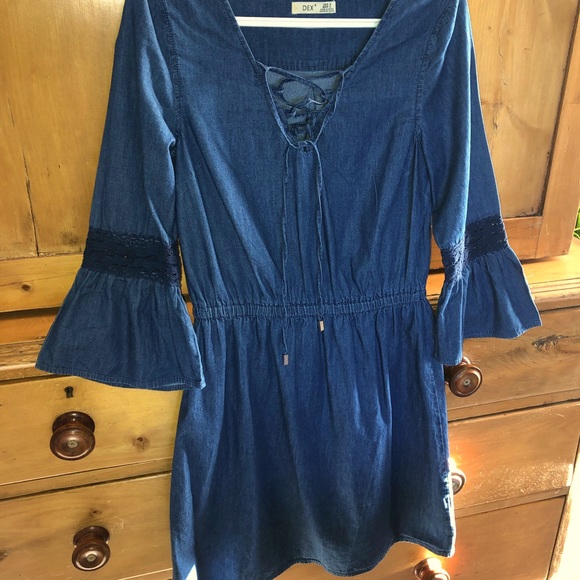 DEX denim jean dress crochet Bohemian romantic feminine gypsy small hippie - Picture 5 of 15